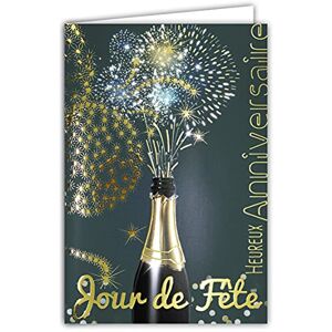 AFIE 69-7087 Carte Heureux Anniversaire Jour de Fête Bouteille Champagne Vin Blanc Pétillant Feu d'artifice étoiles Or Doré Fabriqué en France - Publicité