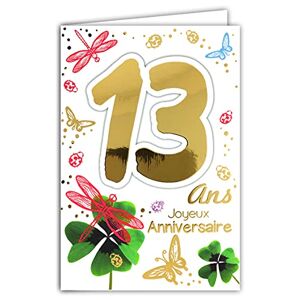 AFIE 69-2113 Carte Joyeux Anniversaire 13 ans en Or Doré Brillant Ados Garçon Fille Trèfles à quatre feuilles Porte-Bonheur Coccinelles - Publicité