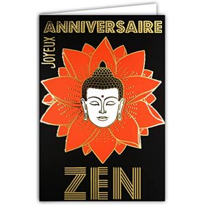 AFIE 65-1408 Carte Joyeux Anniversaire Zen Fleur de Lotus Orange Bouddha en Or Doré Brillant Détente Relaxation Bien-être Méditation Philosophie Décoration avec Enveloppe Blanche Format 17,5x12cm - Publicité