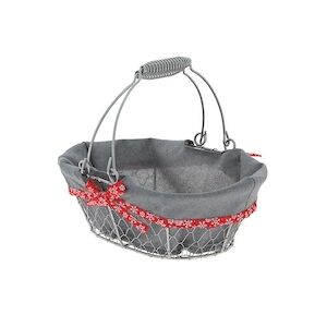 CREAPAK célébration panier ovale métal grillagé argent, doublé tissu gris liseré rouge/blanc 28x20x10 cm - carton de 20