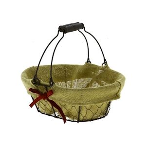 CREAPAK charlotte panier ovale métal grillagé noir, doublé toile de jute nœud rouge 28x20x10 cm - carton de 20