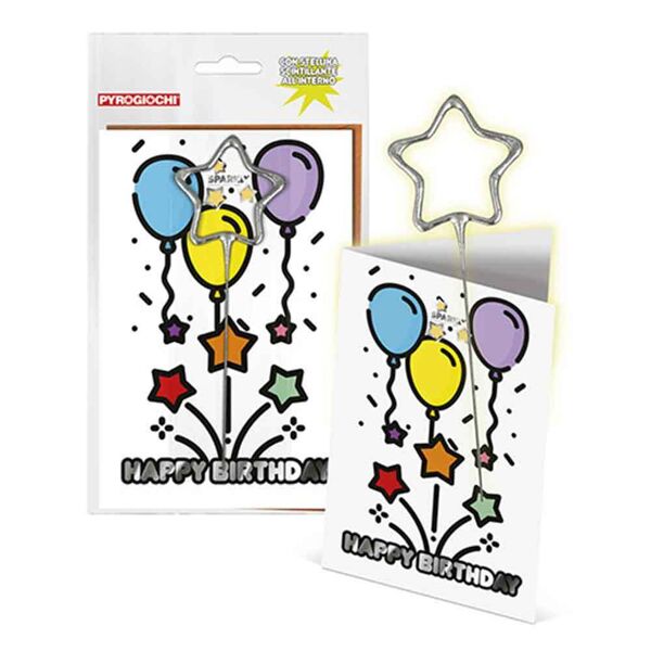 pyrogiochi biglietto di buon compleanno con stellina scintillante palloncini