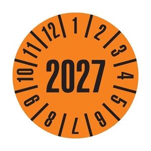 Dreifke® Prüfplakette 2027, orange, Dokumentenfolie, Spezialkleber, Ø 35mm, 10 St/Bogen