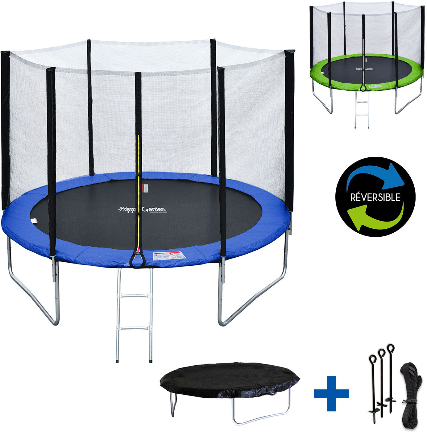 Happy Garden Pack Premium Trampoline 305cm réversible bleu / vert ADELAÏDE + filet, échelle, bâche et kit d'ancrage