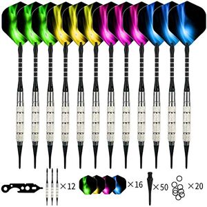 Mocoli Darts with Plastic Tip, Dart Arrows Soft Set for Electronic Dartboard, 12 Pieces Dart Arrows Plastic 18 g Aluminium Shaft, 50 Dart Tips, 20 Rubber Rings and Tool