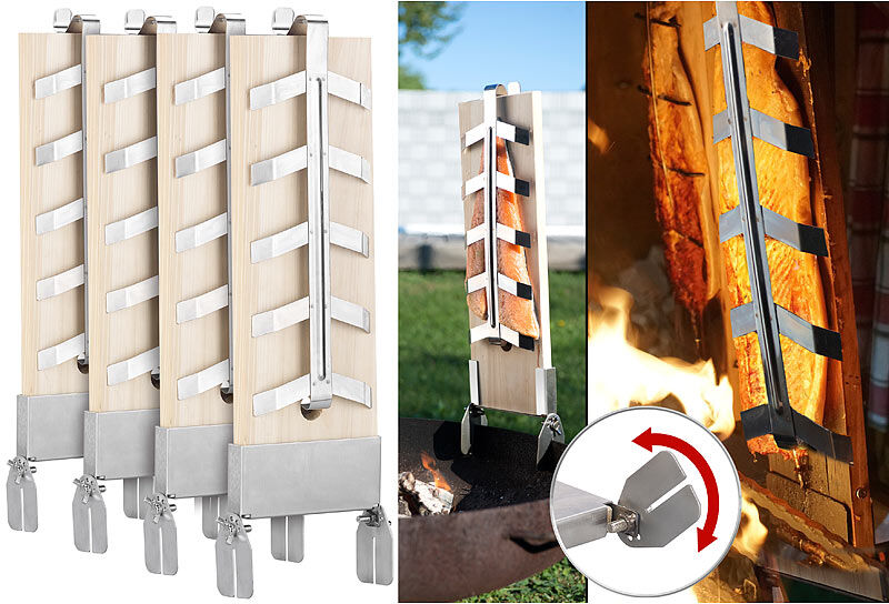Rosenstein & Söhne Flammlachs-Bretter, Zedernholz, neigbare Edelstahl-Halterung, 4er-Set