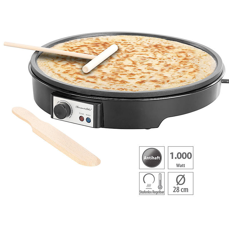 Rosenstein & Söhne Elektrischer XL-Crêpes-Maker mit Temperaturregler, 1.000 Watt, Ø 28cm