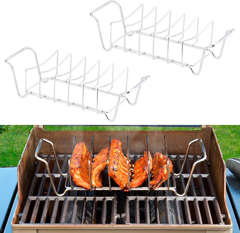 Rosenstein & Söhne 2er-Set 2in1-Sparerib-Halter & Bratenkorb für Grill & Ofen, Edelstahl