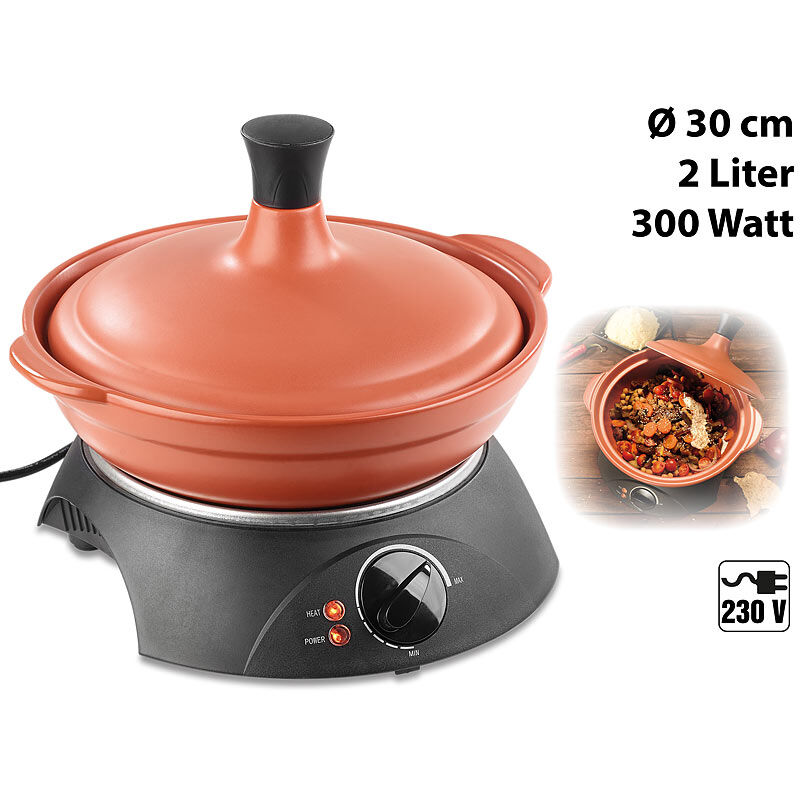 Rosenstein & Söhne Elektrischer Tajine-Tontopf mit Deckel, Ø 30 cm, 2 Liter, 300 Watt