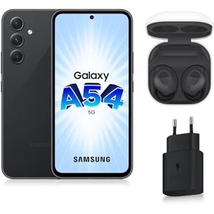 Samsung Galaxy A54 Smartphone Android 5G 128 Go Graphite, Chargeur secteur 25W inclus Noir +  Galaxy Buds FE Écouteurs sans fil Graphite - Publicité