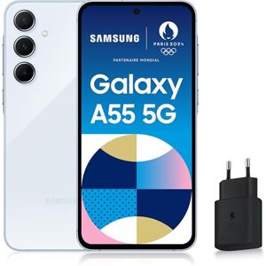 Samsung Galaxy A55 5G, Smartphone Android, 128 Go, Chargeur secteur rapide 25W inclus [Exclusivité Amazon], Smartphone déverrouillé, Bleu, Version FR - Publicité