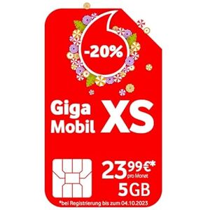 Vodafone Contrat de téléphonie Mobile GigaMobil XS   Maintenant 5 Go de Volume de données   24 x 20% de réduction sur tarif   Réseau 5G   Itinérance européenne   Téléphone-SMS dans Le réseau Allemand - Publicité