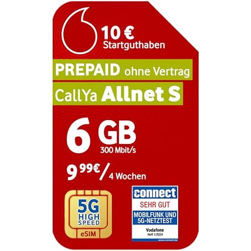 Vodafone Prepaid CallYa Allnet S eSIM   Nu nog meer GB 4 GB in plaats van 3 GB datavolume   5G netwerk   SIM-kaart zonder abonnement   1e maand gratis   Telefoon & SMS Flat