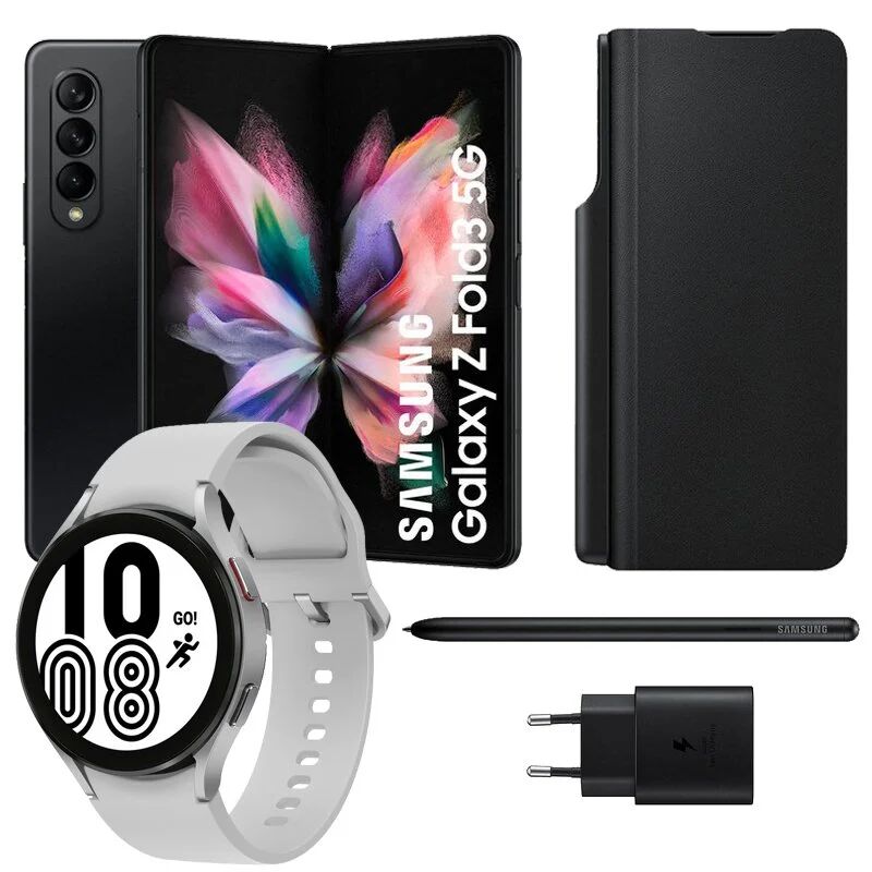 Samsung pack galaxy z fold3 5g 256gb negro + funda + s pen + cargador + galaxy watch4 bluetooth 44mm plata