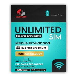 Scancom EE 5G Unlimited Data Sim Card - Preloaded each month until 8th AUGUST - No Contract & One-off payment - Business-Grade Data Perfect for Wifi Routers, Tablets & Phones.
