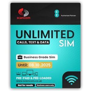 Scancom EE 5G Unlimited Data Sim Card - Preloaded monthly until 8th OCTOBER 2025 - No Contract & One-off payment - Business Grade Data - Perfect for Wifi Routers, Tablets & Phones. (UK Calls, Texts & Data)