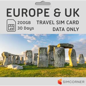 SimCorner Europe & UK Prepaid Sim Card - 200GB Data Only. 30 Days. No Daily Limit. Use In 50 Countries. Easy Activation. International Travel Sim Card. Sim 3-in-1 Size to fit Mobile Phones, Ipads And Tablets