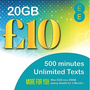 Generic EE SIM Card UK PAYG &#163;10 Bundle - 8GB + 12GB FREE DATA + Unltd Texts & 500 Mins + International Calling Option