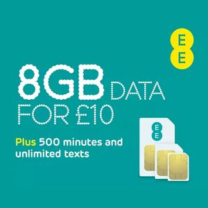 EE Sim card unlimited texts and 500 Mins Pay as you go package of £10 with 8GB data