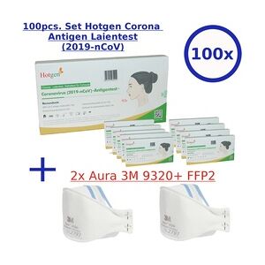 Hotgen Biotech 100x HOTGEN® Antigen-Testkit - Schnelltest Laientest zugelassen gem. BfArM-Cop I PZN 08012178 + 2x 3M 9320 Aura FFP2