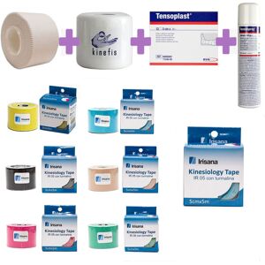 PACK VENDAJE TOTAL IRISANA: Pack 12 Rollos Vendaje Neuromuscular Kinesiology Tape Irisana + 32 Tape Anticrisis + 6 Pretape Kinefis + Tensospray + 12 Tensoplast