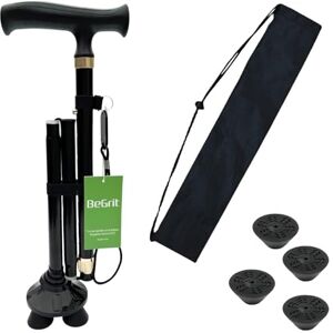 BeGrit Canne de Marche Pliante pour Personnes âgées Canne 4 Pieds Tripod Walking Sticks Hauteur RéGlable pour Hommes et Femmes Bâton de Marche Pliable avec Quatre Pieds Pivotants Cadeaux Parents Noir - Publicité