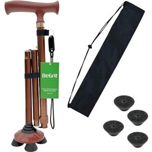 BeGrit Canne de Marche Pliante pour Personnes âgées Canne 4 Pieds Tripod Walking Sticks Hauteur RéGlable pour Hommes et Femmes Bâton de Marche Pliable avec Quatre Pieds Pivotants Cadeaux Parents Doré - Publicité