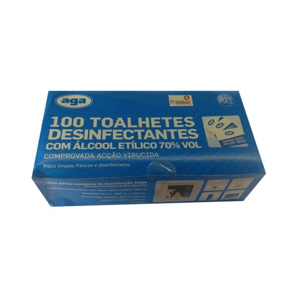 AGA Toalhetes Desinfetantes com Alcool 70º - Caixa 100 Unidades