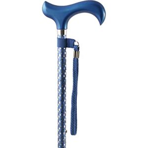 Charles Buyers - Engraved Adjustable Derby Walking Stick - Lightweight Aluminium, Wooden Handle - Blue Silver Polka Dot