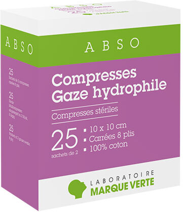 Marque Verte Compresses Stériles Gaze Hydrophile 10cm x 10cm 25 x 2 compresses