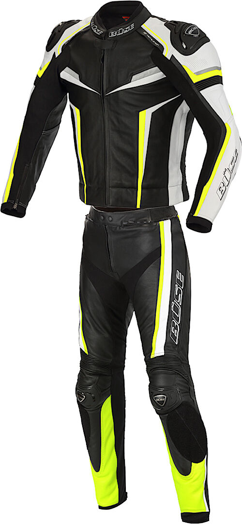 Büse Mille Costume en cuir de moto deux pièces Noir Blanc Jaune 50