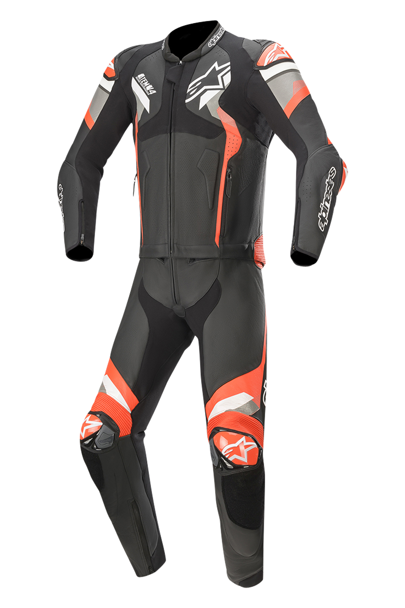 Alpinestars Traje de cuero  Atem V4 Negro-Gris-Naranja Fluo 2-Piezas