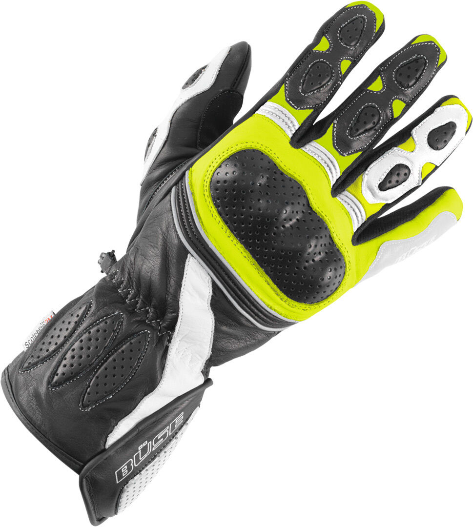 Büse Pit Lane Guantes de las señoras - Negro Blanco Amarillo (M L)