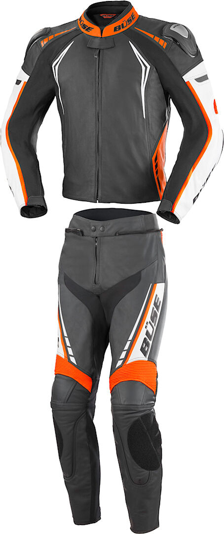 Büse Silverstone Pro De dos piezas traje de cuero moto - Negro Blanco Naranja (48)