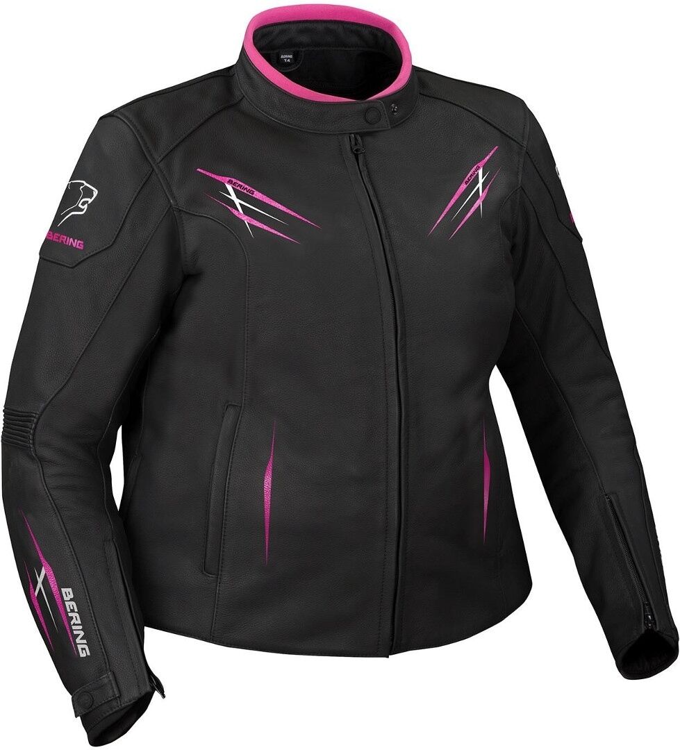 Bering Brutalia Chaqueta de cuero de motocicleta de las mujeres de talla grande - Negro Blanco Rosa (44)