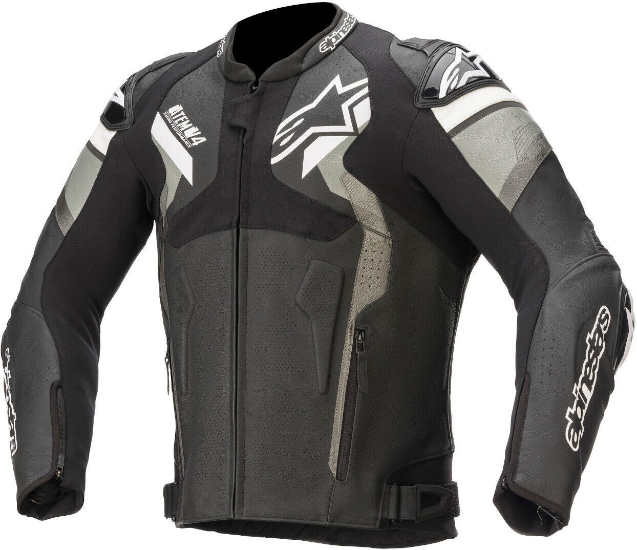 Alpinestars Atem V4 Chaqueta de cuero de motocicleta - Negro Gris Blanco (52)