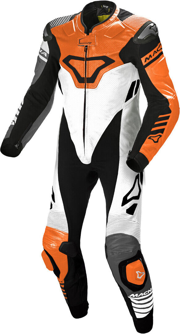 Macna Tracktix Traje de cuero de motocicleta perforado de una pieza - Negro Blanco Naranja (54)