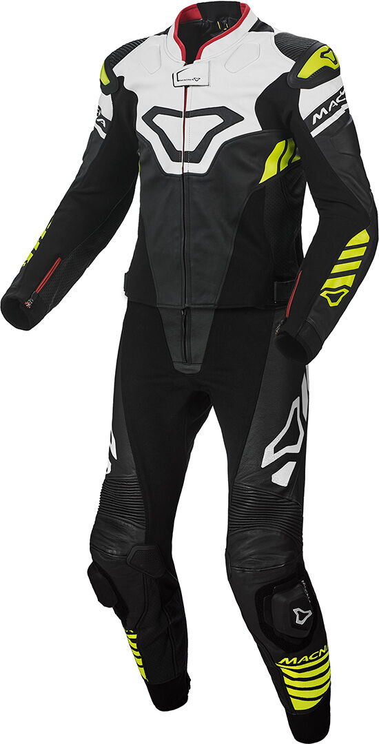 Macna Tracktix Traje de cuero de motocicleta perforado de dos piezas - Negro Blanco Amarillo (52)