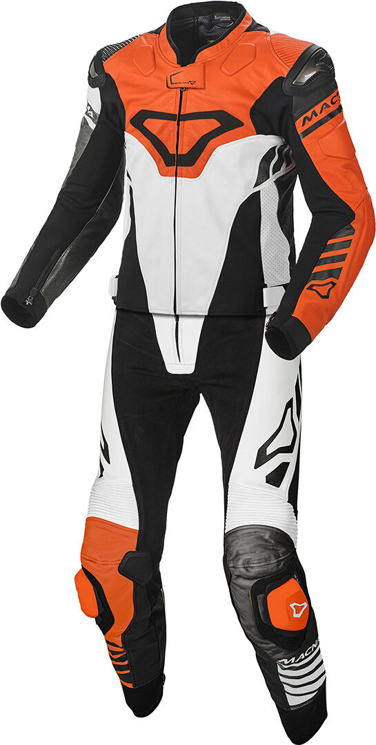 Macna Tracktix Traje de cuero de motocicleta perforado de dos piezas - Negro Blanco Naranja (52)