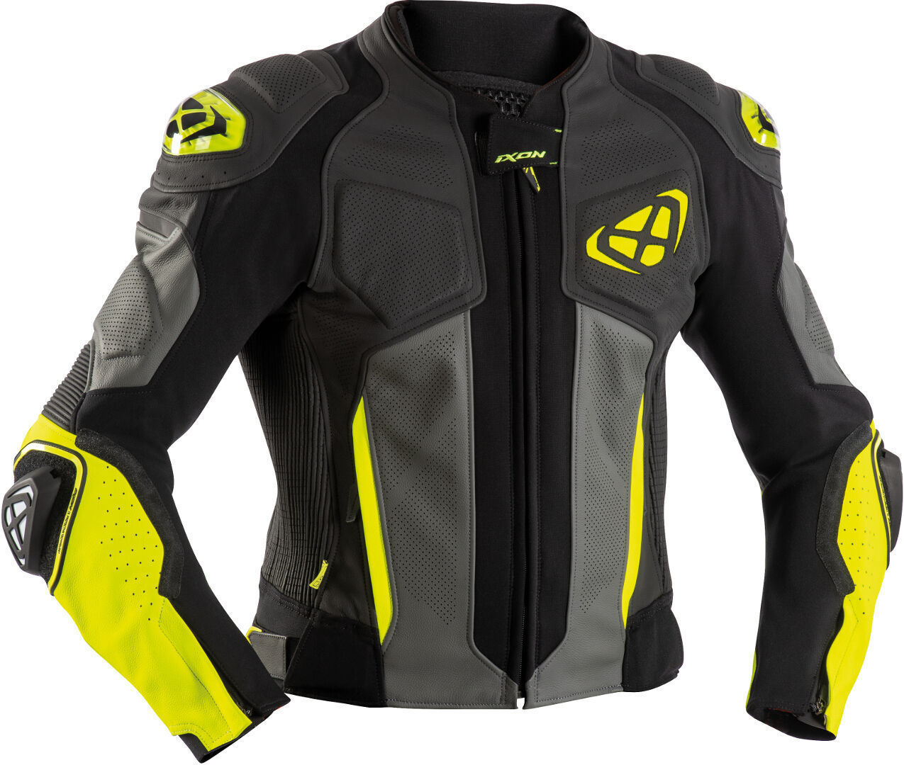 Ixon Vendetta Evo Chaqueta de cuero para motocicleta - Negro Gris Amarillo (XL)