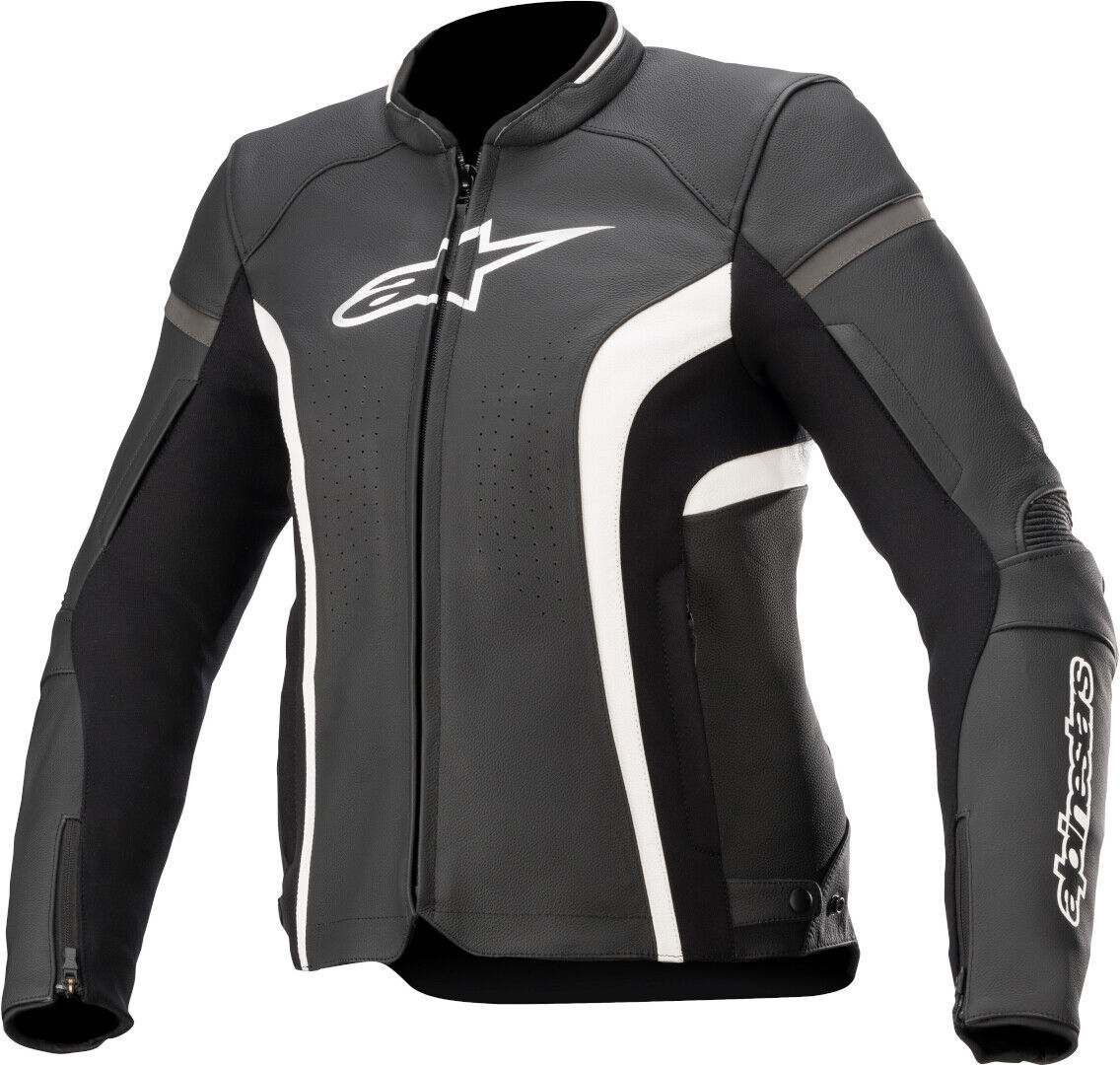 Alpinestars Stella Kira V2 Chaqueta de cuero de motocicleta para damas - Negro Blanco (42)