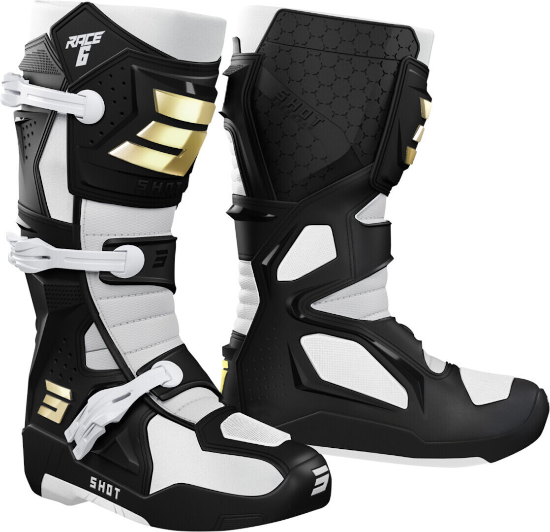 Shot Race 6 Botas de Motocross - Negro Blanco Oro (45)