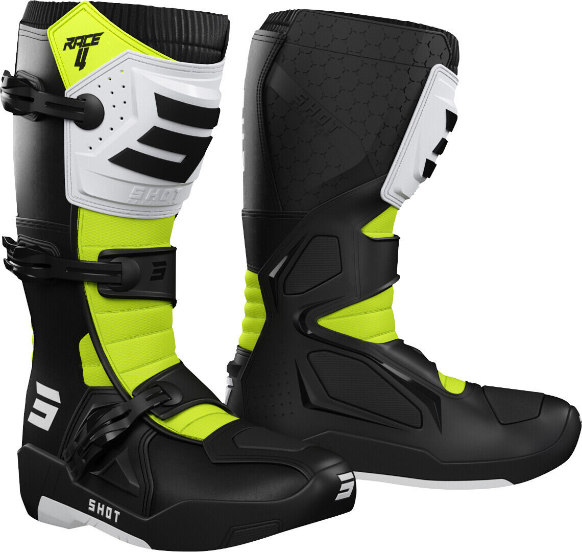 Shot Race 4 Botas de Motocross - Negro Blanco Amarillo (47)