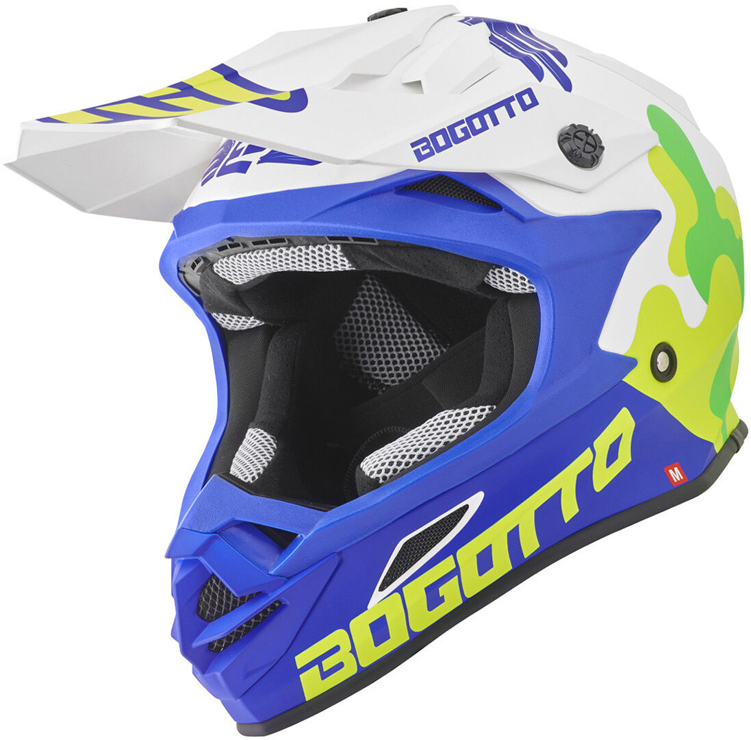 Bogotto V328 Camo Casco de motocross de fibra de vidrio - Blanco Azul (2XL)