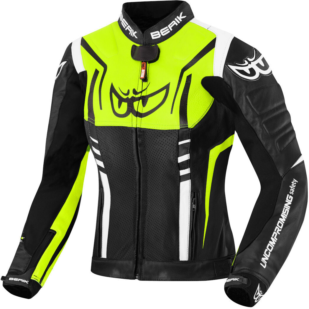 Berik Striper Chaqueta de cuero para motocicleta para damas - Negro Blanco Amarillo (44)