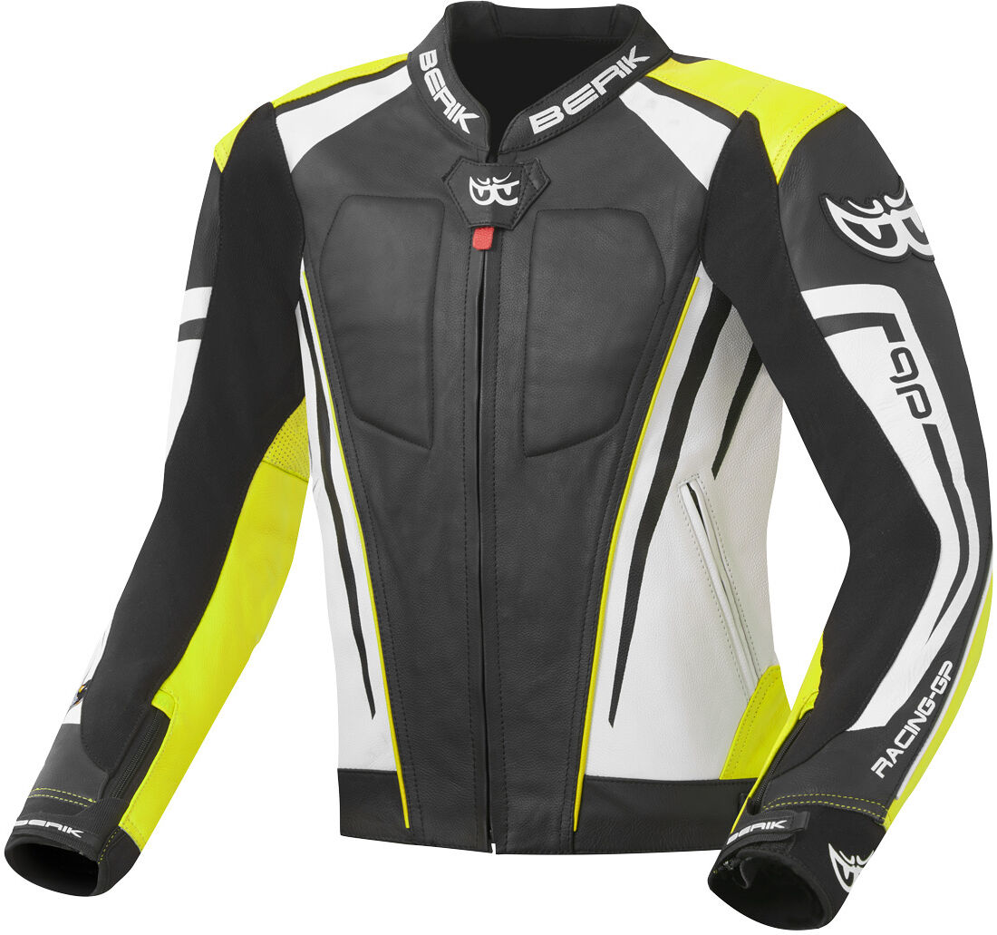 Berik Striper Evo Chaqueta de cuero para motocicleta - Negro Blanco Amarillo (54)