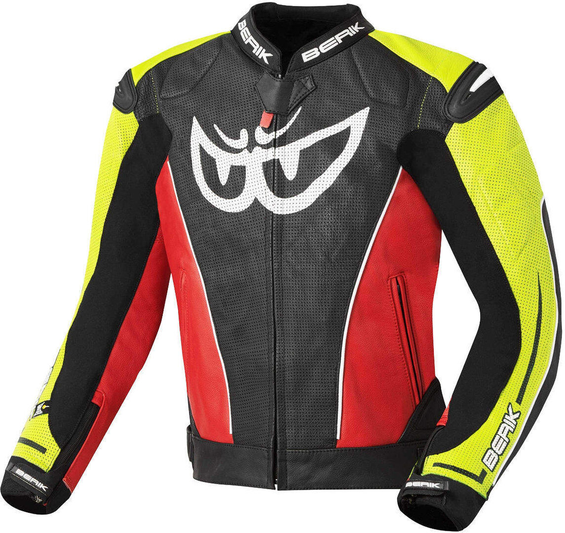 Berik Street Chaqueta de cuero para moto - Negro Rojo Amarillo (50)