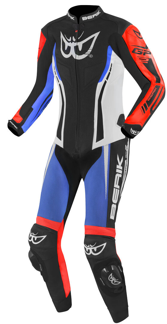 Berik Monza Damas de una pieza traje de cuero de motocicleta - Negro Blanco Rojo Azul (50)