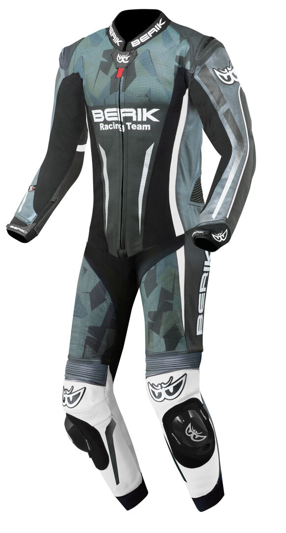 Berik Camo Track Traje de cuero de motocicleta perforado de una pieza - Blanco Verde (56)