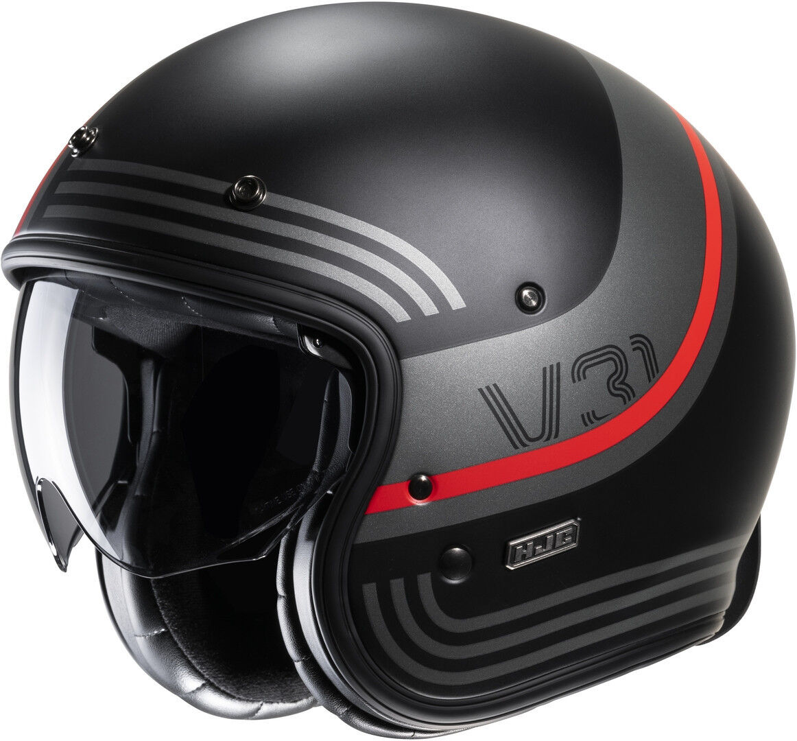 HJC V31 Byron Retro Casco Jet - Negro Gris Rojo (XL)